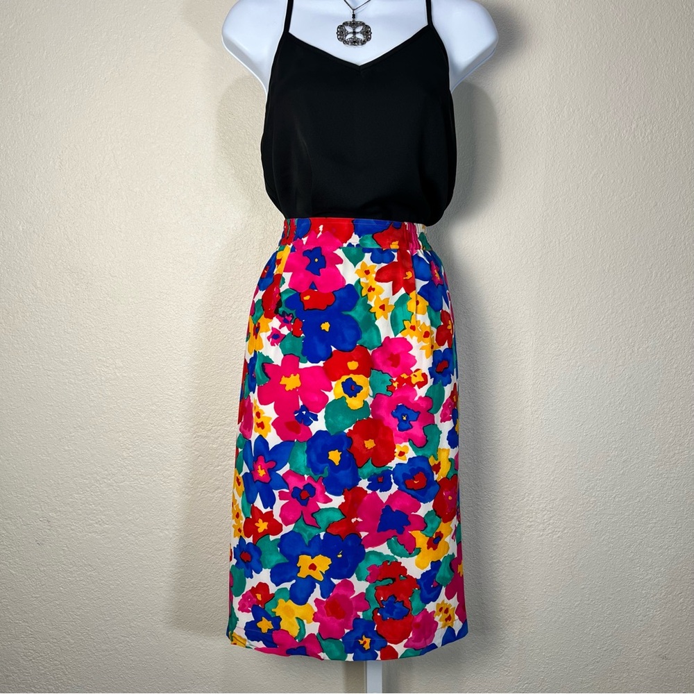 Vintage 100% Silk Bright Abstract Floral Pencil Skirt Pockets Ms Frizzle Sz L